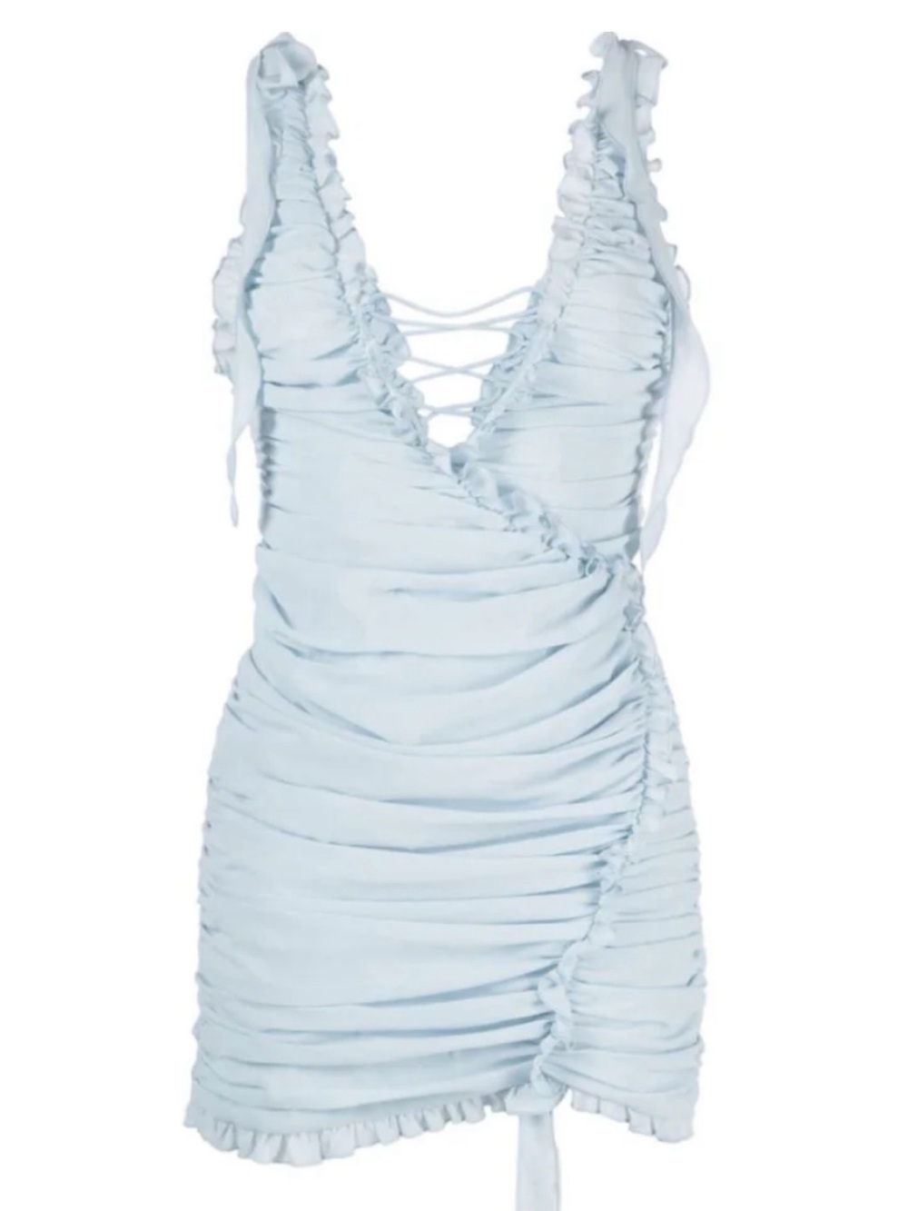 Light Blue De La Vali Ruched Lace-Up Party Dress